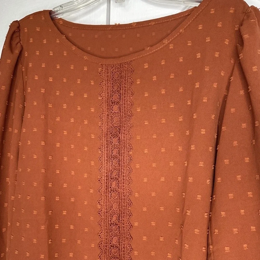 Shein French‎ Lampshade Raised Dot Blouse in rust orange Large Lace Trim - Picture 3 of 7